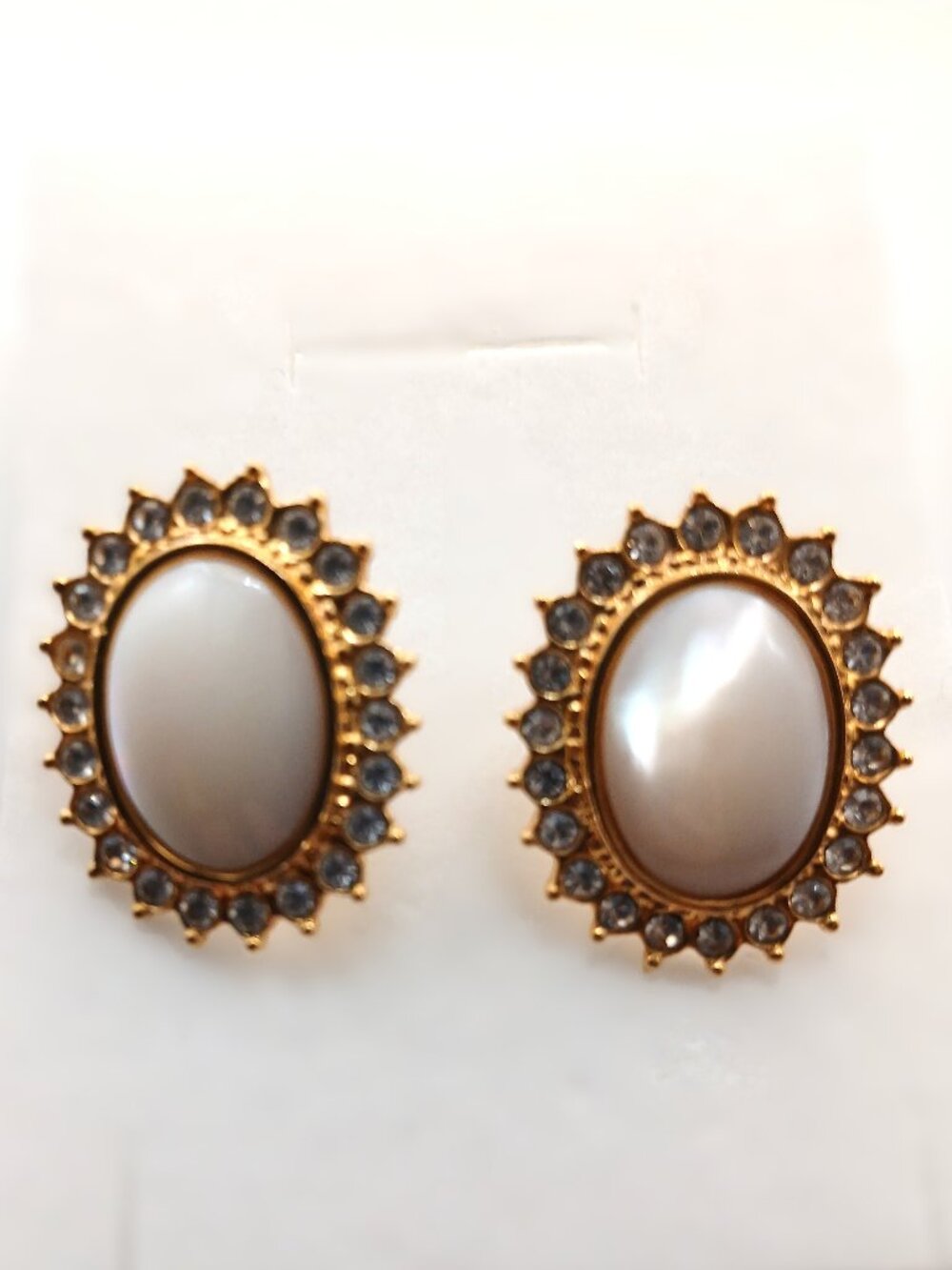 Vintage Style Oval Cabochon Rhinestone Paddle Back Gold Colour Earrings